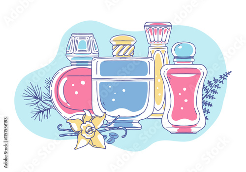 Vector set perfumes with vintage bottles with fir and vanilla flavors on a white background