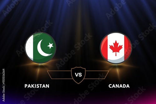 Pakistan VS Canada Cricket Match poster  with  countries flags on stadium lights background.