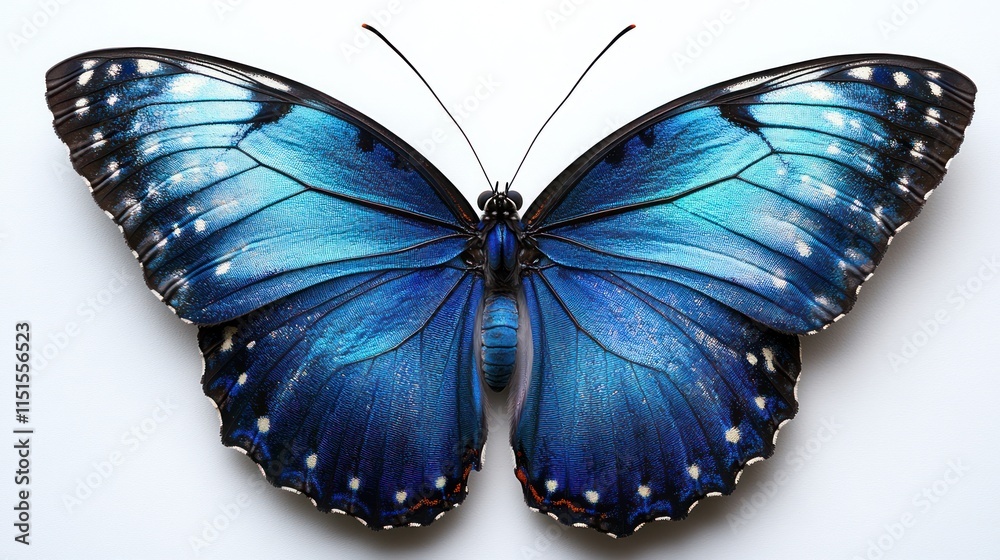Fototapeta premium Vibrant blue butterfly with intricate wing details on a white background.