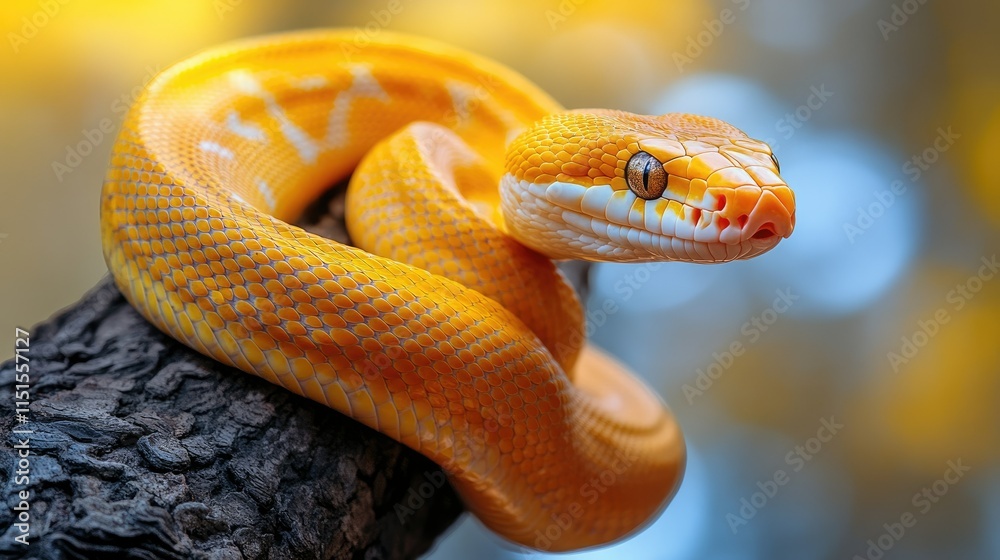 Golden Serpent Embrace: A Captivating Close-up of a Vibrant Snake Coiled Around a Weathered Branch Golden Serpent Embrace: A Captivating Close-up of a Vibrant Snake Coiled Around a Weathered Branch