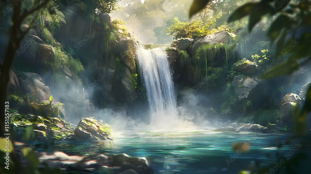 Enchanted Waterfall in Lush Forest: A Serene Nature Scene Enchanted Waterfall in Lush Forest: A Serene Nature Scene