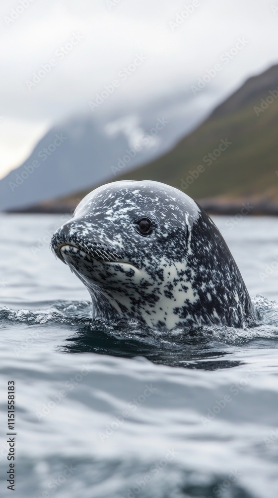 Fototapeta premium Spotted seal swimming in tranquil waters near rugged mountains at dusk mobile phone wallpaper