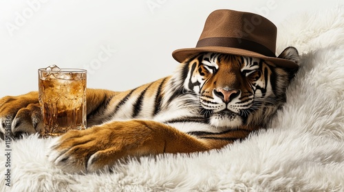 tiger wearing a fedora, lounging with a glass of gin and pic photo