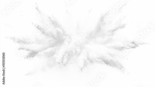 White Powder Explosion, Bright white paint color powder explosion. White powder explosion cloud against white background. White dust particle splash. 