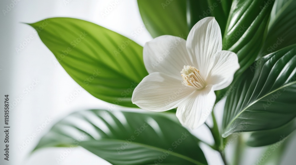 Fototapeta premium close up of white flower with green leaves