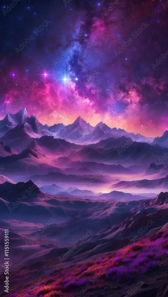 A vast, colorful galaxy wallpaper showcasing deep purples, blues, and magentas with countless twinkling stars and nebulae. A glowing crescent moon hangs in the foreground, illuminating a silhouette of A vast, colorful galaxy wallpaper showcasing deep purples, blues, and magentas with countless twinkling stars and nebulae. A glowing crescent moon hangs in the foreground, illuminating a silhouette of