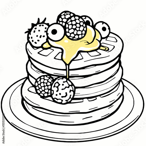 waffles outline vector illustration with berries and syrup