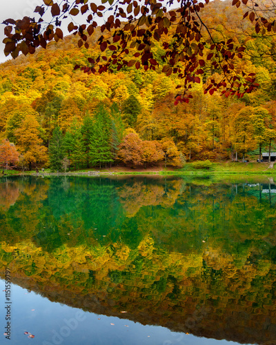 Bethmale lake in Ariège in autumn with colorful foliage.