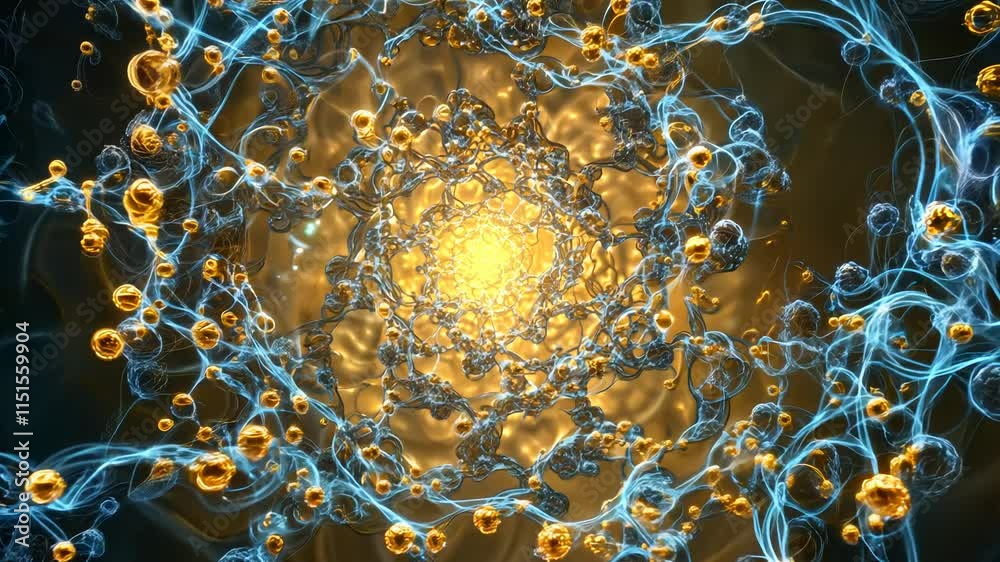 A swirling pattern of protein molecules interacting, creating a mesmerizing visual effect. Abstract background