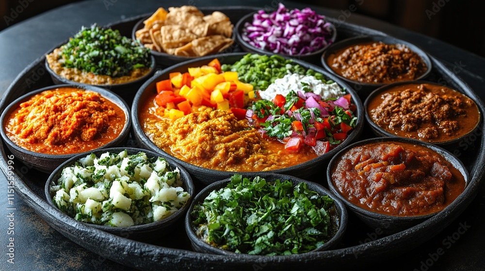 Assorted dips and toppings arranged on a dark tray. Assorted dips and toppings arranged on a dark tray.