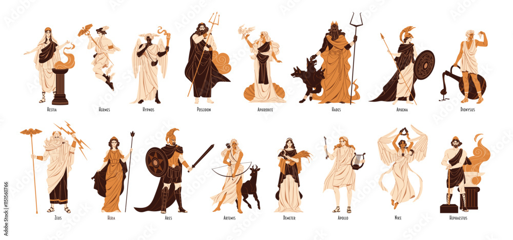 Set of ancient Greek gods and goddesses. Characters of Greece mythology. Different Olympians: Zeus, Poseidon, Dionysus, Athena, Aphrodite, Hera. Flat isolated vector illustrations on white background