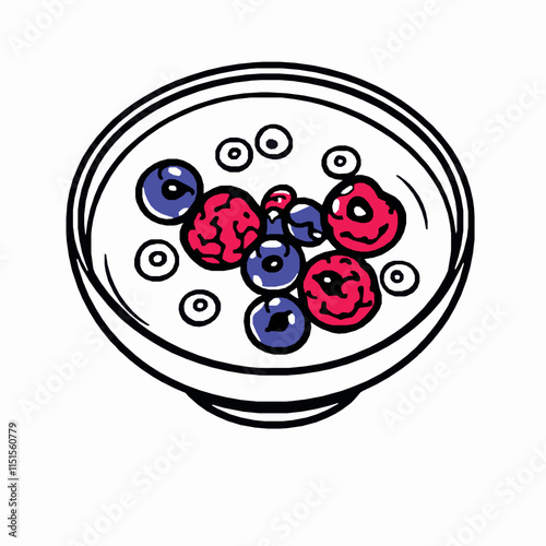 cereal bowl outline vector illustration with milk and berries