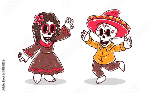 Dancing sugar skull character celebrate party vector illustration photo