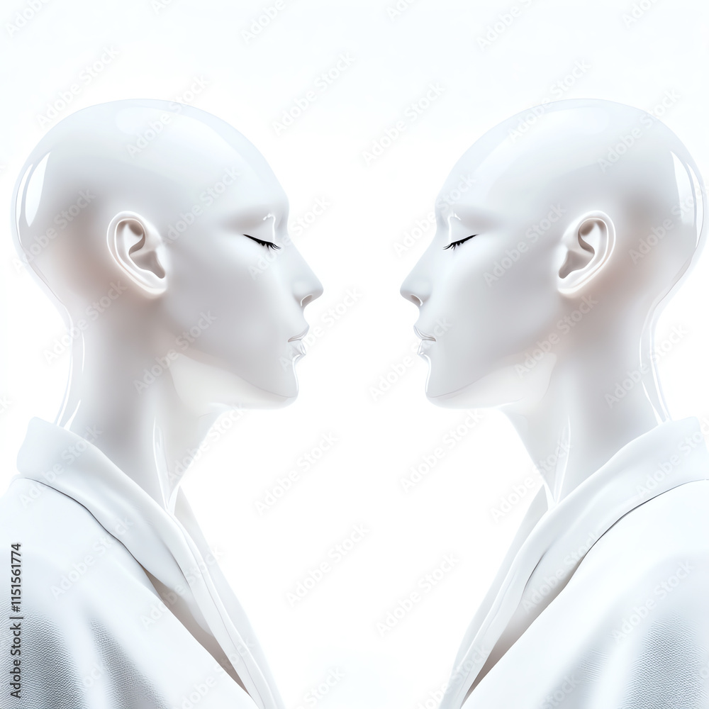 Fototapeta premium Two white mannequins facing each other, isolated on a bright white background, creating a modern and minimalist aesthetic.