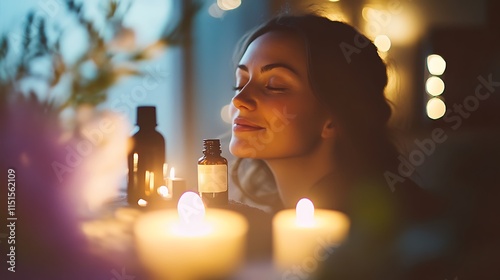 Woman enjoying aromatherapy with essential oils and candles at home.
