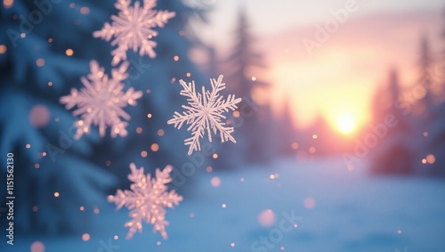 Winter background with snowflakes shining on sunlight.