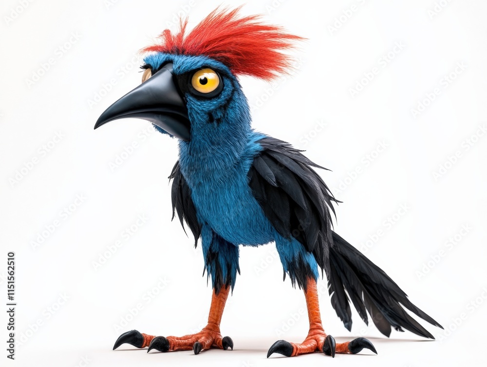 Fototapeta premium a blue bird with a red crest stands on a white background