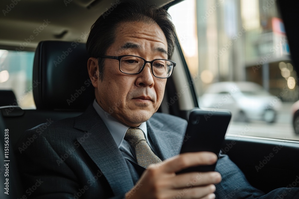 A man in a suit is looking at his cell phone while sitting in a car A man in a suit is looking at his cell phone while sitting in a car