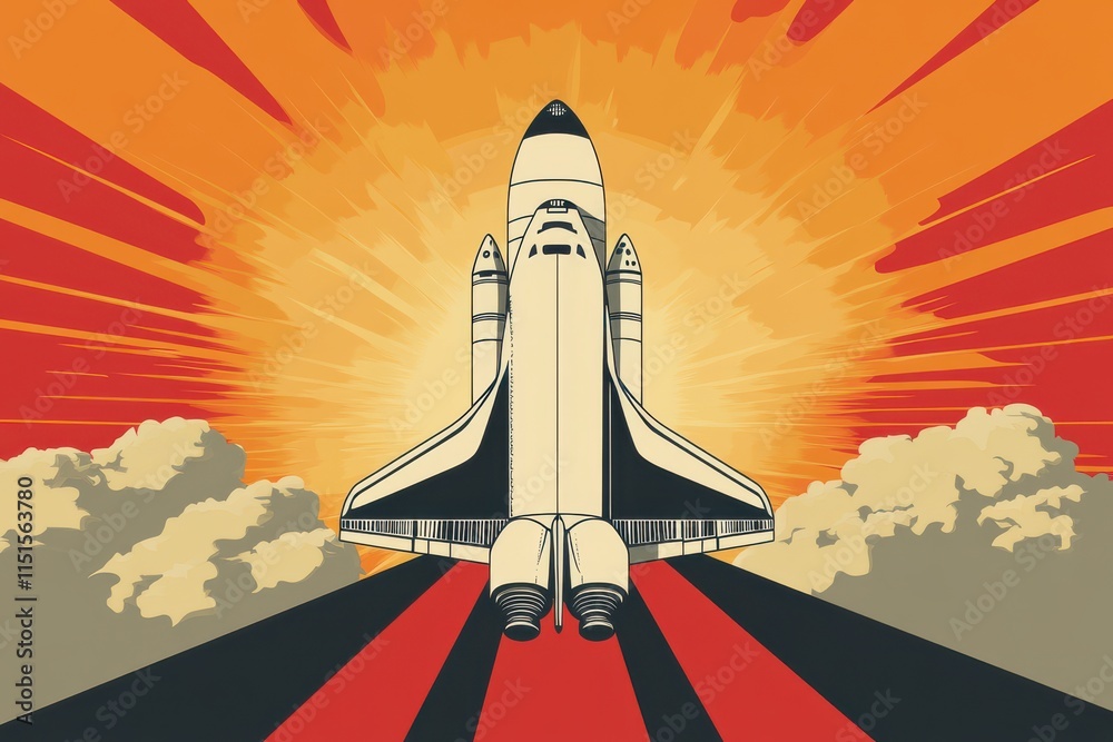 Obraz premium Sleek Stylized Rocket Launching Against a Vibrant Sunset Sky with Dynamic Curves and Raw Energy in Vector Art Style for Modern Graphic Design Projects