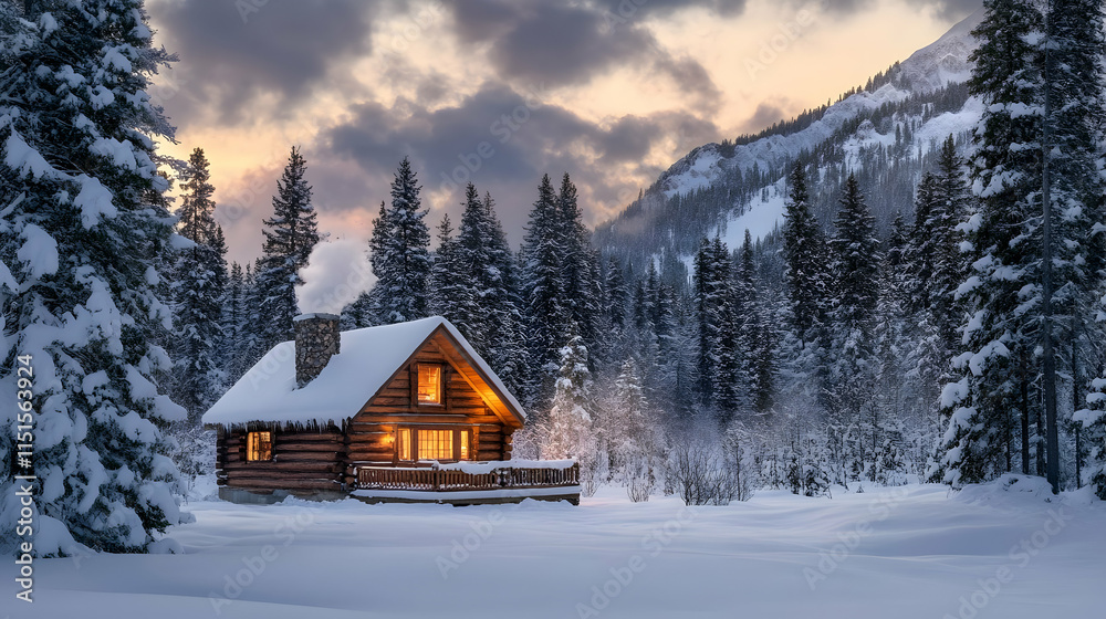 Cozy Cabin in Snowy Mountain Landscape