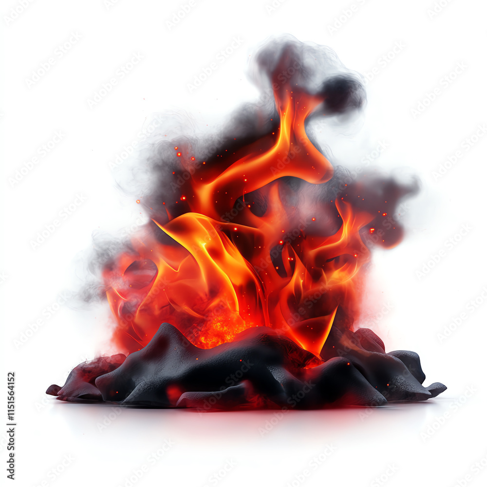 Fototapeta premium Vivid flames erupt against a clean white background, showcasing dynamic movement and intricate details of fire.