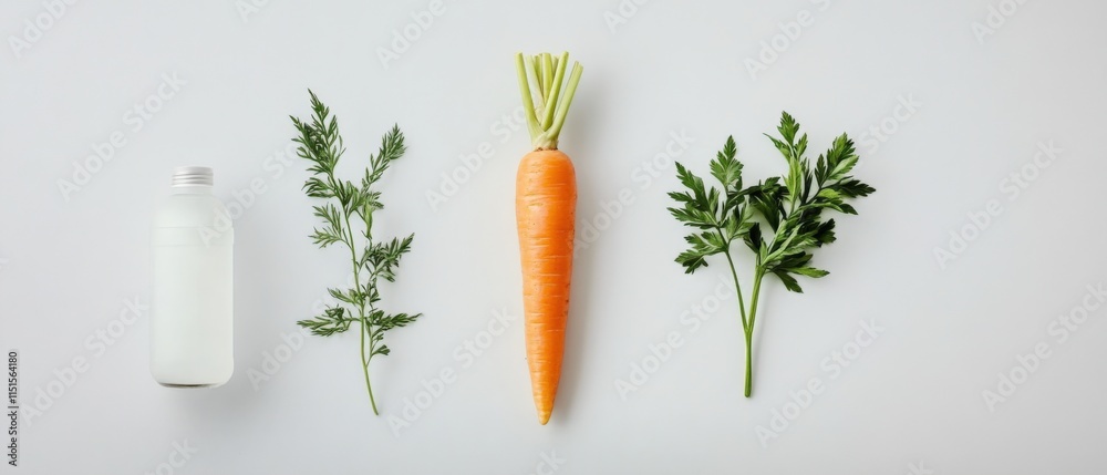 fresh carrot, carrot tops, and milk on a white surface fresh carrot, carrot tops, and milk on a white surface