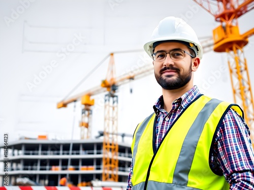Construction chief engineer wearing hard hat and safety vest at major construction site with crane included in large building plan background check plan. portrait of a worker in a factory
