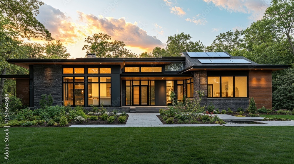 Modern Home with Solar Panels at Sunset Modern Home with Solar Panels at Sunset