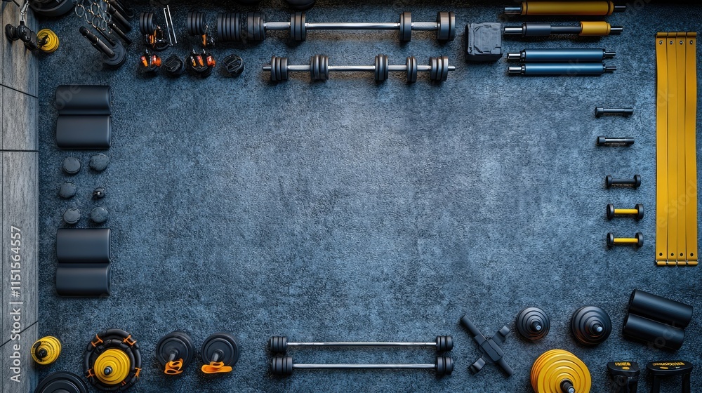 Gym Equipment Frame on Dark Floor: A flat lay of diverse gym equipment neatly arranged around a dark textured floor, creating a frame with copy space in the center. Gym Equipment Frame on Dark Floor: A flat lay of diverse gym equipment neatly arranged around a dark textured floor, creating a frame with copy space in the center.