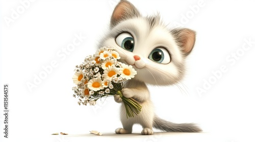 Adorable burmilla cat character holding a bouquet, cute single object in di-cut png style, isolated on white background photo