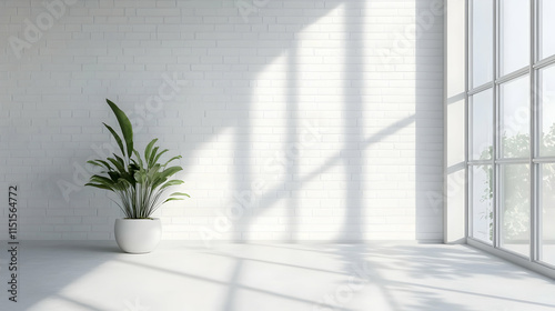 Sunlit Minimalist Room with White Brick Wall and Potted Plant