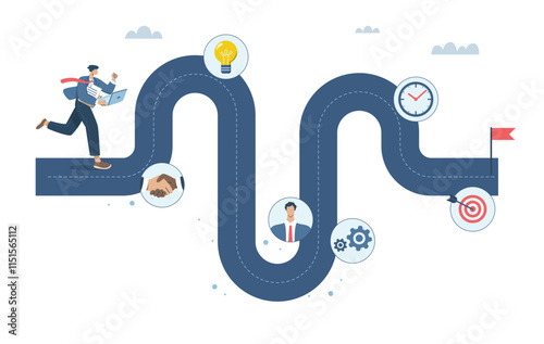 Businessman project manager running work on project timeline, Project planning, Timeline, Progress in business, Roadmap, Key route map with action plans, Timeline to success, Vector illustration.
