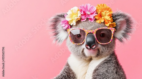 Koala wearing sunglasses and flower headband in vibrant, fashionable outfit on solid background – fun animal concept for birthday party invitation with copy space photo