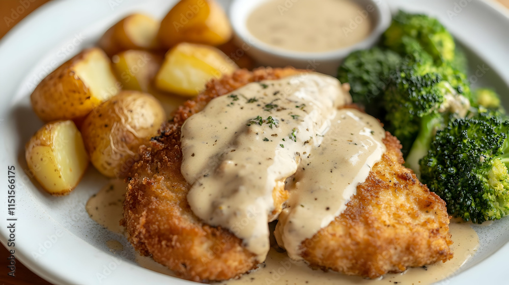 Crispy Breaded Chicken with Creamy Sauce, Roasted Potatoes, and Broccoli Crispy Breaded Chicken with Creamy Sauce, Roasted Potatoes, and Broccoli