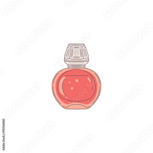 Vector illustration of a red round glass perfume bottle is highlighted on a white background