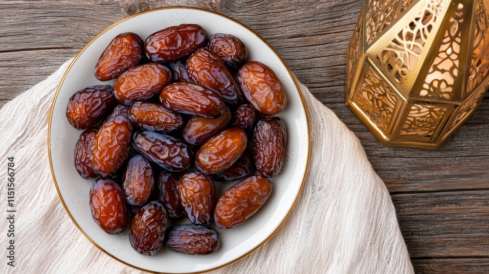 Delicious dates arranged in a bowl beside a decorative lantern on a wooden surface. Delicious dates arranged in a bowl beside a decorative lantern on a wooden surface.