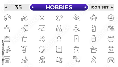 Hobbies icon set. Containing healthy lifestyle, diet, exercise, sleep, relationships, running, routine, self-care, culture and lifestyle icons. Healthcare, health, diet, healthy food, collection.