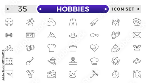 Hobbies icon set. Containing healthy lifestyle, diet, exercise, sleep, relationships, running, routine, self-care, culture and lifestyle icons. Healthcare, health, diet, healthy food, collection.