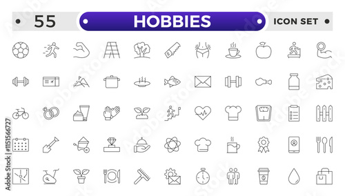 Hobbies icon set. Containing healthy lifestyle, diet, exercise, sleep, relationships, running, routine, self-care, culture and lifestyle icons. Healthcare, health, diet, healthy food, collection.