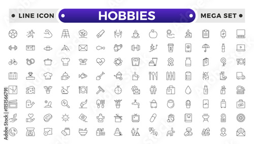 Hobbies icon set. Containing healthy lifestyle, diet, exercise, sleep, relationships, running, routine, self-care, culture and lifestyle icons. Healthcare, health, diet, healthy food, collection.