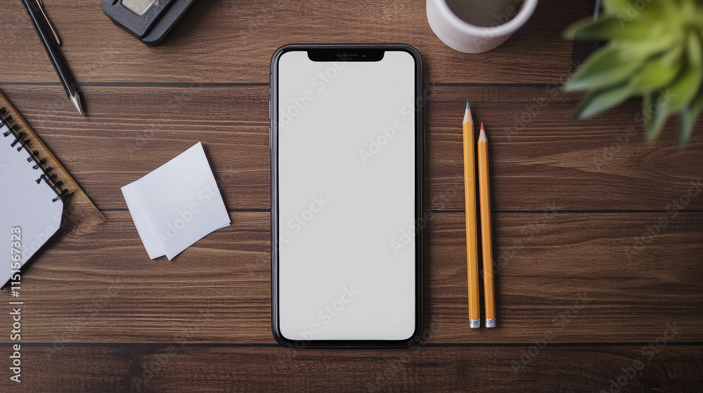 Flat lay of office stationery with smartphone with a blank screen for copy space. Business concept. Generative AI Flat lay of office stationery with smartphone with a blank screen for copy space. Business concept. Generative AI