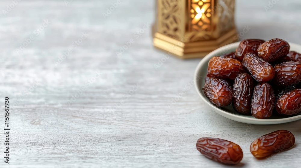 Obraz premium Plate of glossy dates with a golden lantern on a rustic white wooden table.