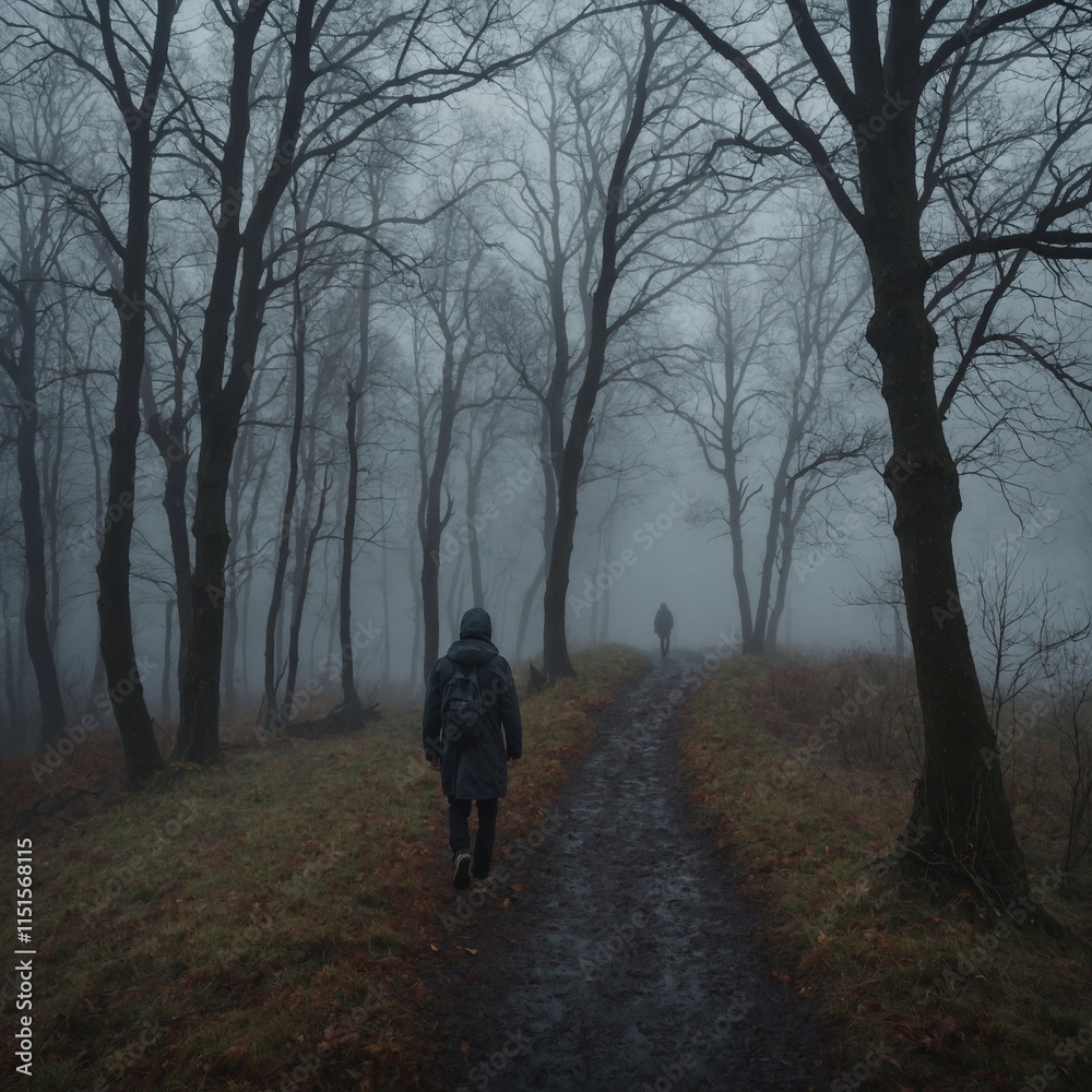 Fototapeta premium A figure walking on a foggy path.
