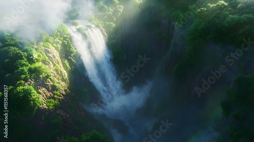 Majestic Waterfall in Lush Tropical Jungle