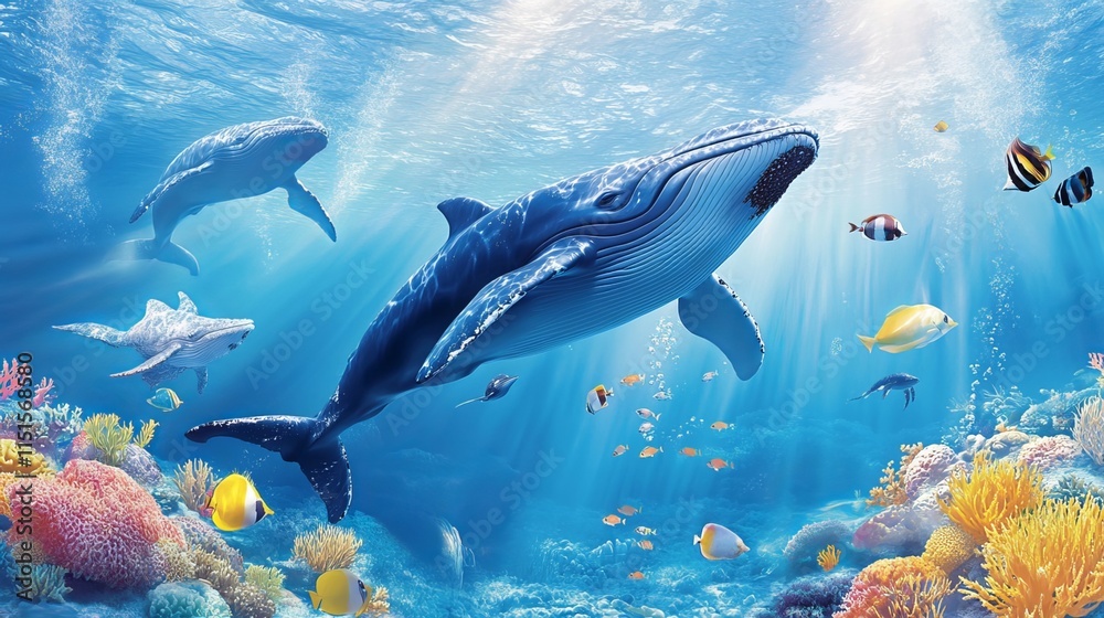 Fototapeta premium Immerse your child in the wonders of the ocean with this vibrant wallpaper. Featuring majestic whales frolicking in the azure waters, it transports them to a serene and captivating underwater world. 