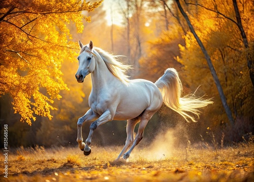 Drone captures a breathtaking autumn scene: a pristine white Arabian horse canters through golden leaves. photo