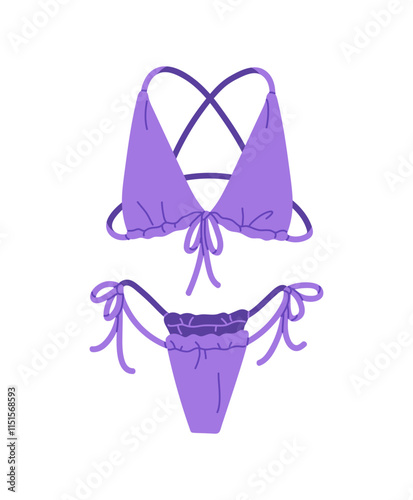 Trendy purple lingerie, bikini decorated with lace bows. Female violet swimwear set. Women's swimsuit with bra, panties. Underwear with panty, brassiere. Flat isolated vector illustration on white