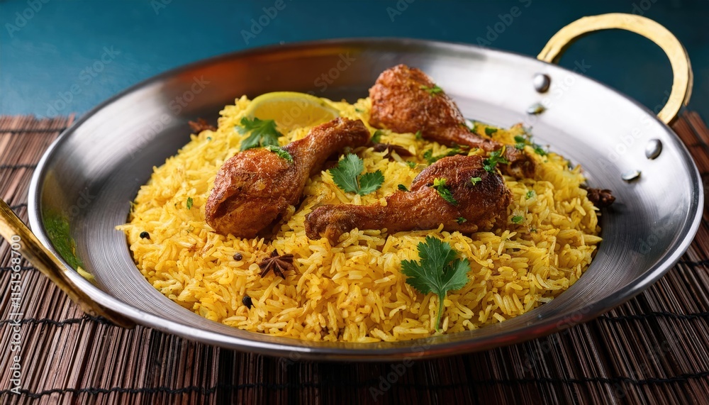 Spicy chicken biryani with herbs and spices served over yellow rice in a round, metal dish. Bottom view of the meal Spicy chicken biryani with herbs and spices served over yellow rice in a round, metal dish. Bottom view of the meal