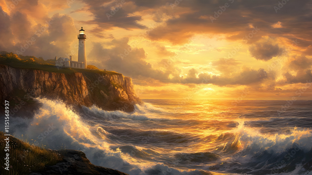 Majestic Sunset over the Ocean with Lighthouse Majestic Sunset over the Ocean with Lighthouse