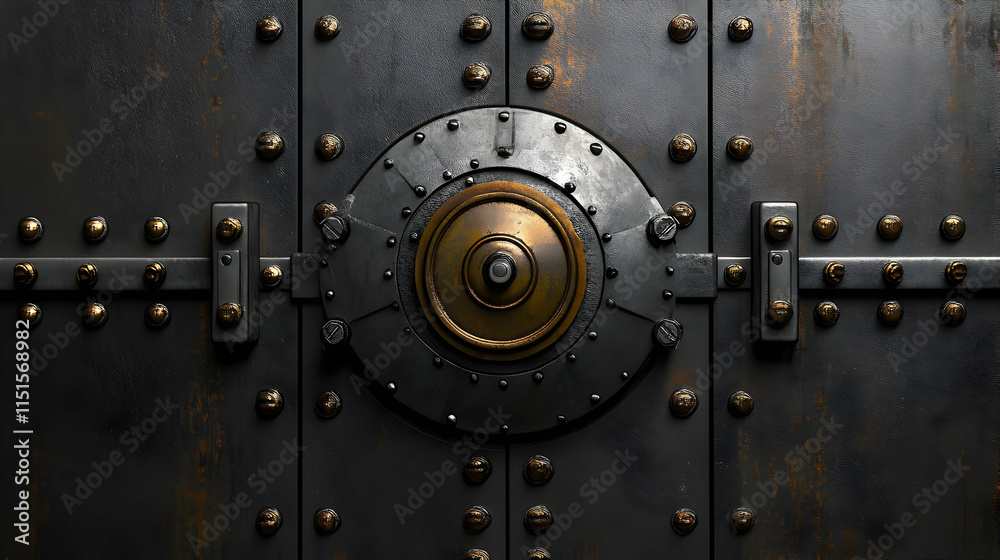 Fototapeta premium A close-up of a large, metallic vault door with rivets and a central locking mechanism.